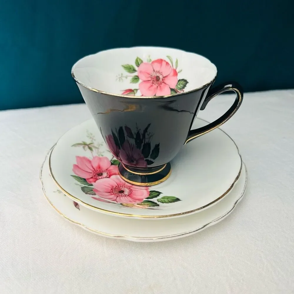 Vintage Old Royal England Pink Rose Porcelain Tea Cup Saucer Cake Plate Set